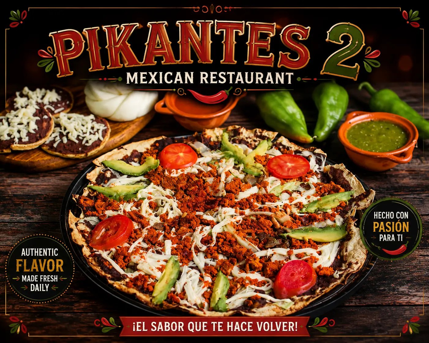 Pikantes 2 tlayuda topped with chorizo, cheese, avocado and tomato beside salsa verde and sopes
