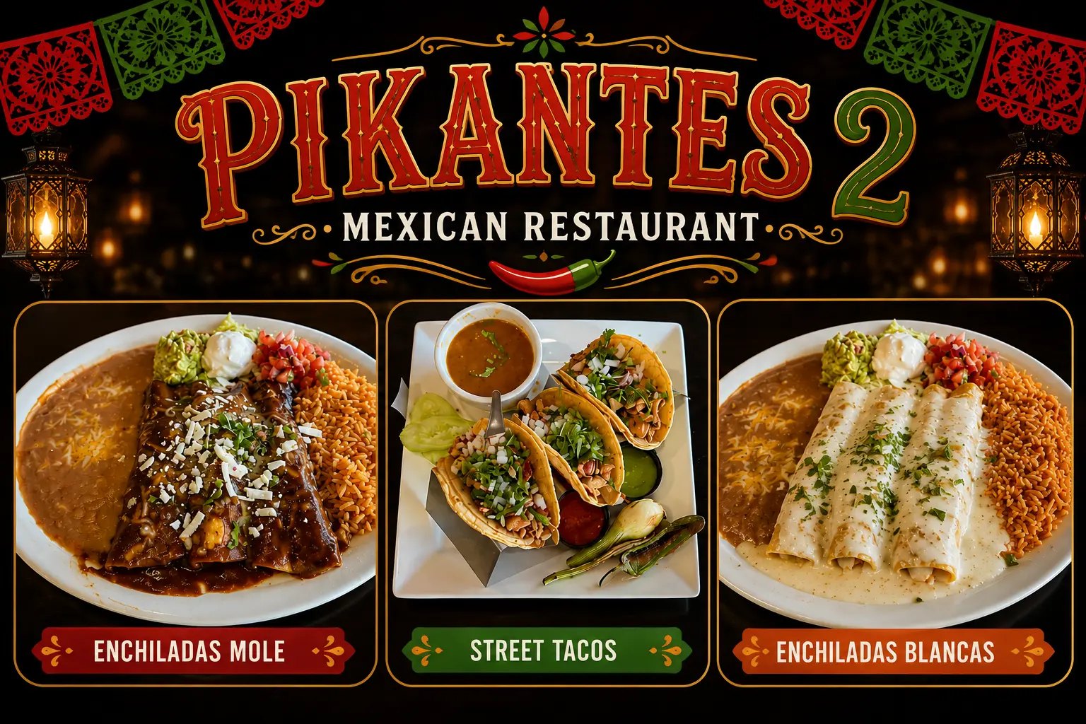 Enchiladas mole, street tacos and enchiladas blancas plated with rice and beans