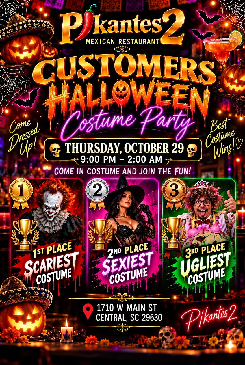 Pikantes 2 Customers Halloween Costume Party — Thursday, October 29, 9 PM to 2 AM. Prizes for scariest, sexiest and ugliest costume.