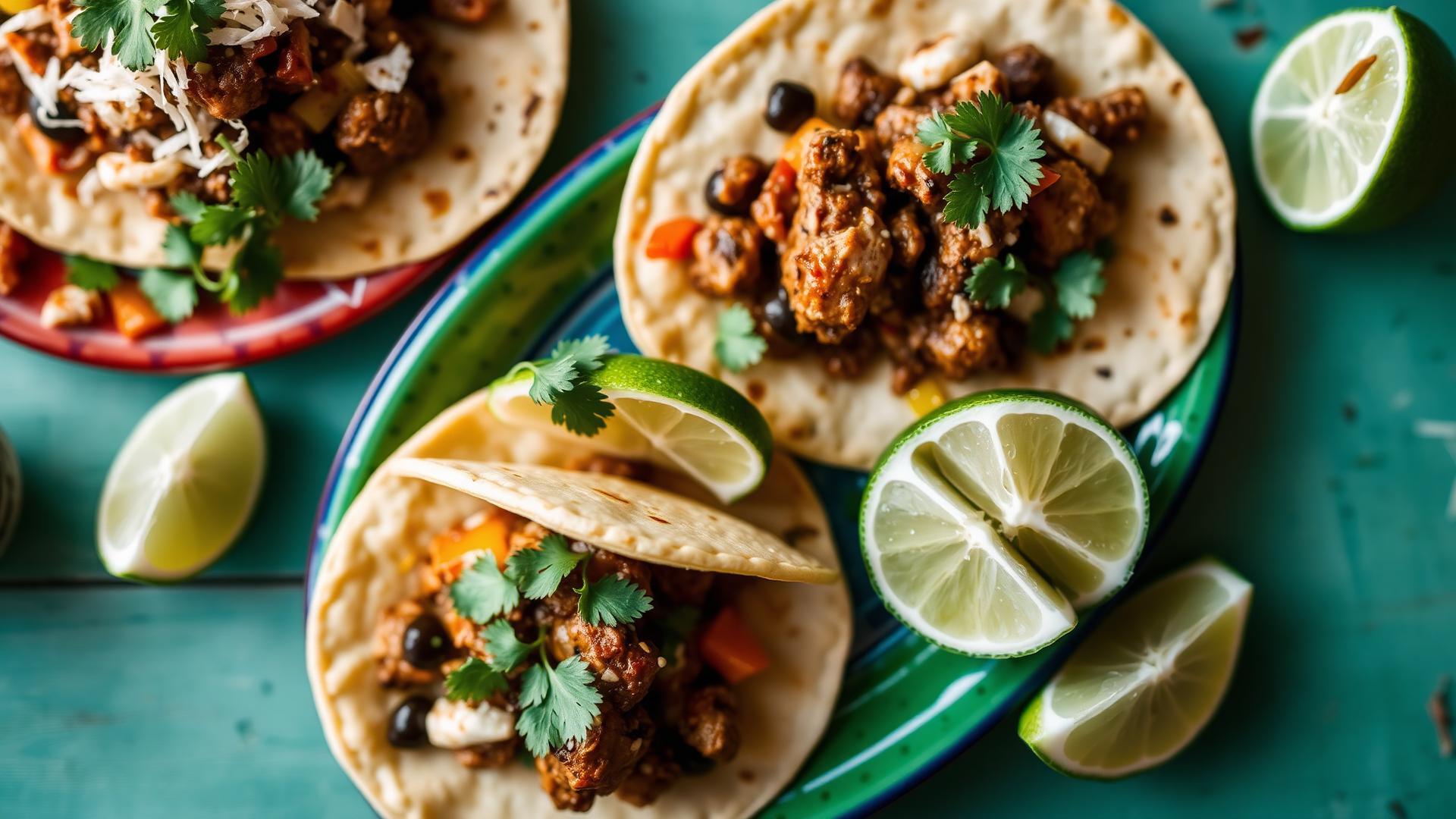 Authentic street tacos with lime and cilantro on a vibrant ceramic plate